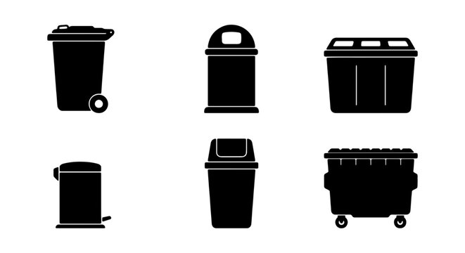 Black Silhouette Trash Cans, Bins, and Dumpsters Vector Icons Set