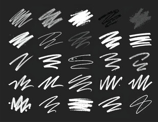 Fototapeta premium Abstract white chalk scribble vector lines set, hand drawn crayon textures and messy pencil scratches on black background