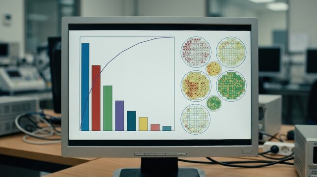 Medium shot of a monitor featuring a Pareto chart alongside wafer maps illustrating defect frequency and prioritization in integrated circuit production.