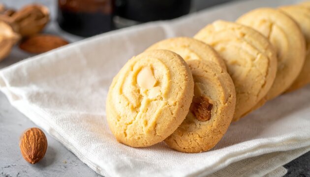 Golden almond cookies with delicate texture piled casually on a white cloth