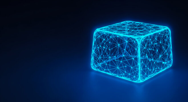 A futuristic glowing cube with interconnected lines resembling a digital network or data structure on a dark blue background. Conceptualizes technology, data, and innovation.
