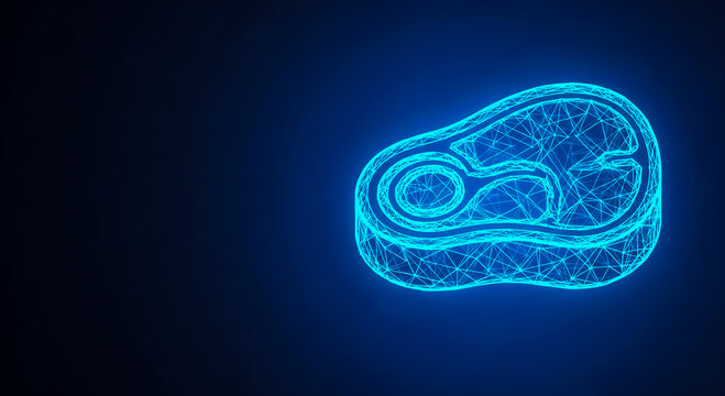 A glowing neon blue wireframe design of a steak icon on a dark, gradient background. Futuristic style.