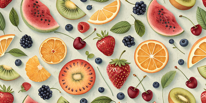 vintage retro seamless pattern with fresh fruits on solid color background