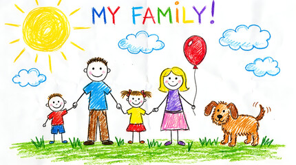 Naklejka premium Child drawing of happy family under sunny sky with text My Family, colorful kid sketch of father, mother, sister, and dog on green grass field, parenting and love concept
