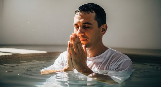 Man Praying in Water Wearing White Shirt