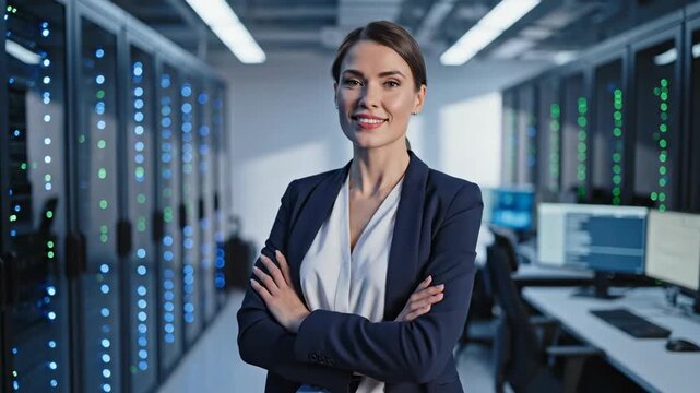 Female IT professional standing in a modern data center. Confident woman manager in a server room with arms crossed. Information technology and cloud computing concept