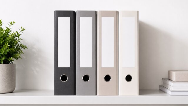 Row of minimalist neutral toned office ring binders with blank label templates