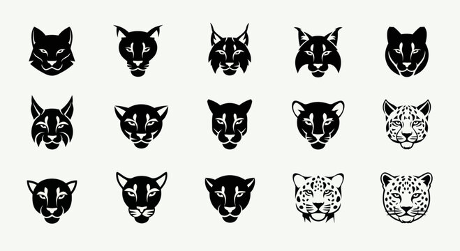 Wild Cat Heads Silhouette Collection: Lynx, Puma, Leopard Icons