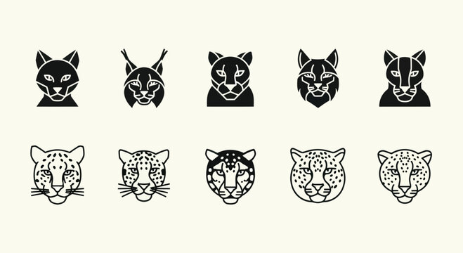 Wild Cat Icons: Cheetah, Lynx, Leopard, Bobcat, Fox - Set of Animal Heads