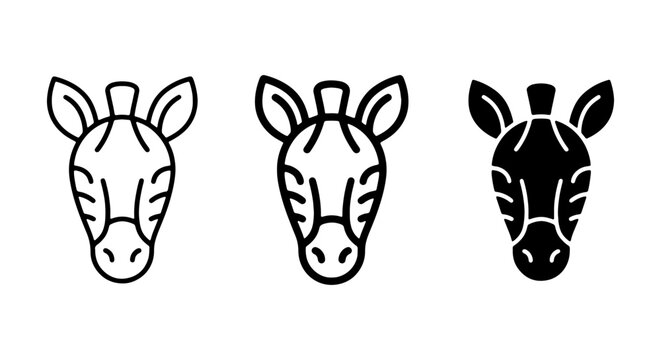 Zebra Head Icons, Vector Graphics, Animal Faces, Simple Line Art, Black and White