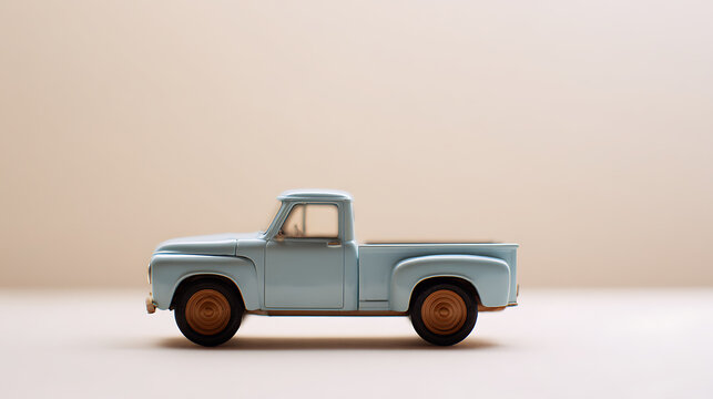 Minimalist light blue vintage toy pickup truck on a clean background, side view, suggesting nostalgia, journey, and transportation themes
