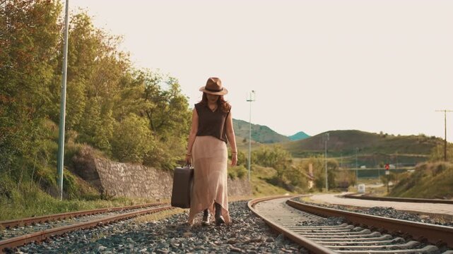 Woman walks alone on train tracks, carrying a suitcase