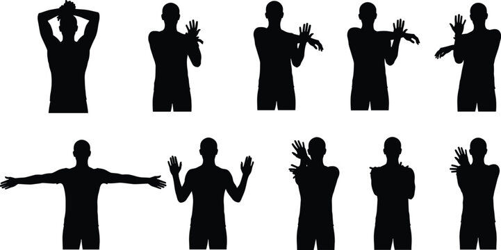 Silhouette set of a man stretching arms and shoulders, collection of male figures performing warm up exercises and upper body flexibility movements vector graphic.
