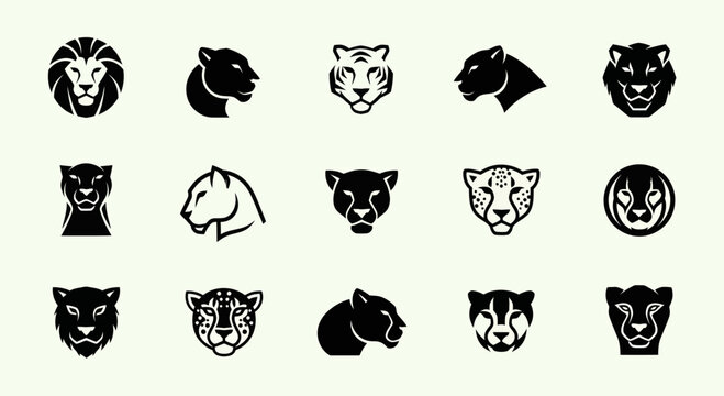 Wild Cat Icons Set: Lion, Tiger, Leopard, Panther, Jaguar - Vector Silhouettes