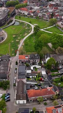Aerial View Over Scenic European Town'S Park And Residential Houses
