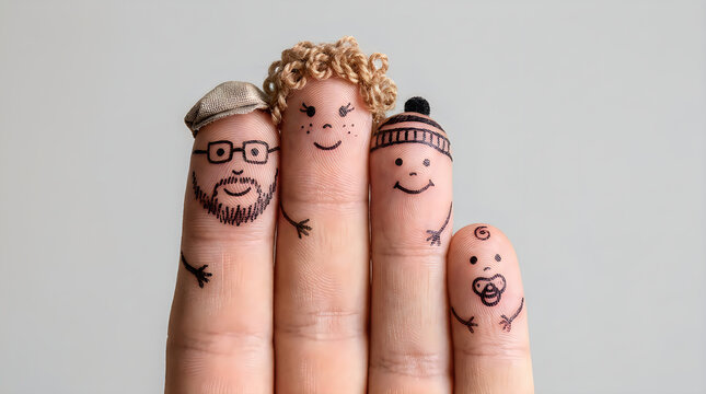 Happy family finger puppets art with smiling faces, cute funny dad with children drawing on fingers, fatherhood concept, creative fathers day greeting card background idea