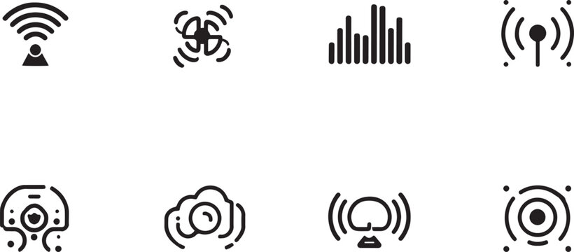 Wireless signal and sound waves line icons set