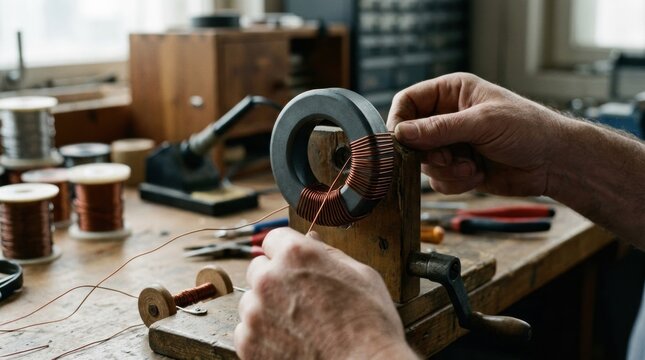 Medium frame capturing commonmode toroidal inductor core with enamel wire coils arranged on a manual winding fixture highlighting craftsmanship.