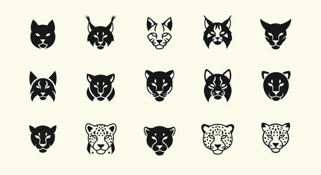 Set of Wild Cat Icons: Lynx, Bobcat, Puma, Leopard, Jaguar, Cheetah Head Silhouettes