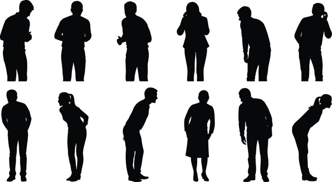 Silhouette set of people leaning forward and looking down, diverse male and female figures showing curiosity and observation in various poses vector graphic collection.