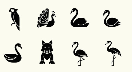Obraz premium Vector Animal Icons Set: Parrot, Peacock, Swans, Wolf, Flamingo