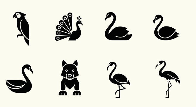Vector Animal Icons Set: Parrot, Peacock, Swans, Wolf, Flamingo
