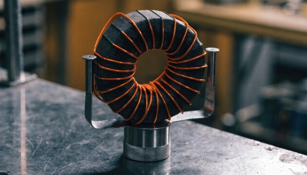 Medium frame capturing commonmode toroidal inductor core with enamel wire coils arranged on a manual winding fixture highlighting craftsmanship.