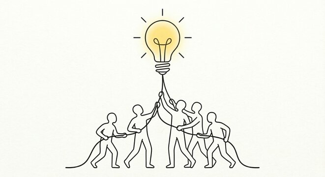 Team of people pulling together to lift a bright lightbulb representing a shared idea or goal, symbolizing unity, cooperation, and achieving success through joint effort