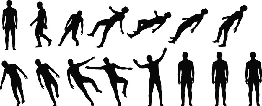 Silhouette set of a man falling backward and losing balance, sequence of male figure slipping and stumbling in various action poses vector graphic.