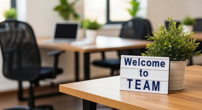 Welcome to team board on wooden office table with blurry chairs and laptops in background for corporate recruitment events and business networking growth at workplace environment.