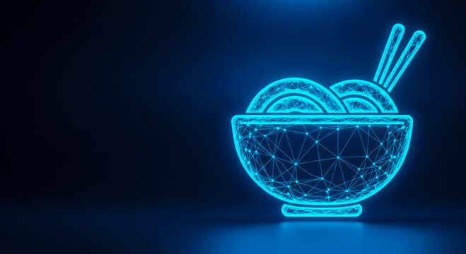 A futuristic neon-lit bowl of Asian noodles with chopsticks, rendered in a polygonal low-poly style.