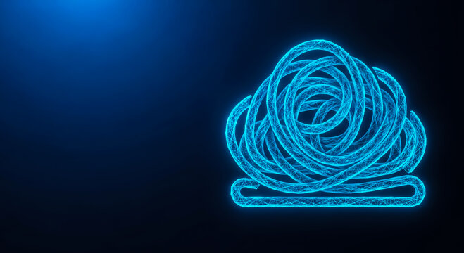 A vibrant, neon blue thread spool with tangled threads, isolated on a dark blue background. Futuristic and modern design.