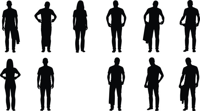 Silhouette set of people showing empty pockets representing poverty and financial loss, diverse male and female figures in broke or bankrupt poses vector graphic.