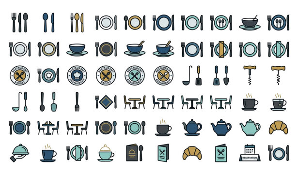 Restaurant cutlery vector icon set with fork spoon knife and plate symbols