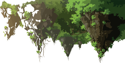 Hanging mossy rocks with green vines and tropical foliage for floating island level design in fantasy setting. © MD MAHAFUJUR RAHMAN