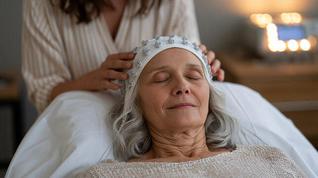 Sleep research technician attaching electroencephalography sensors to a sixty-five-year-old female volunteer reclining on a clinical sleep study bed, polysomnography equipment glowing, aging sleep q