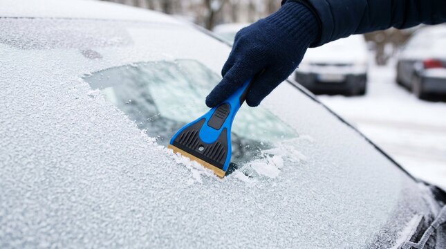 Person wearing a glove scraping ice from a car windshield on a cold winter day