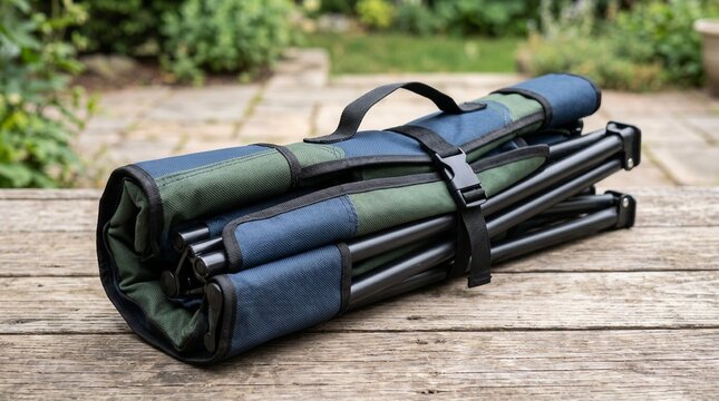 A folded camping chair in a carry bag, ready for an outdoor adventure. The chair is made of durable material in blue and green hues, with a black frame and straps for secure closure