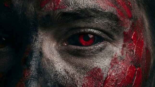 close up of a zombie eye with blood on face