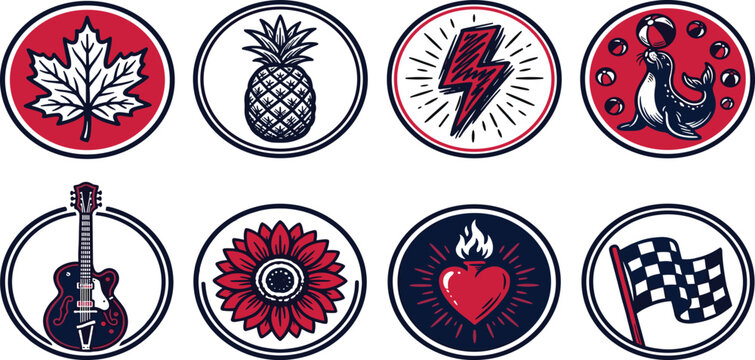 Vintage Hand Drawn Miscellaneous Objects Red and Black Circular Emblem Badge Vector Icon Illustration Set