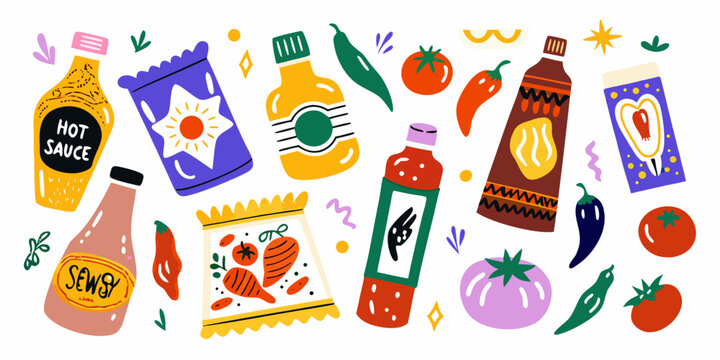colorful condiment illustration kit with hot sauce and spices