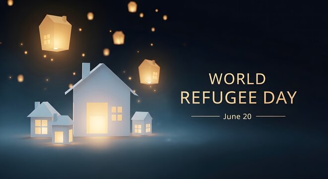 World refugee day concept with illuminated houses and lanterns