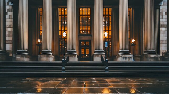 Grand neoclassical building entrance with tall columns and stone steps at night