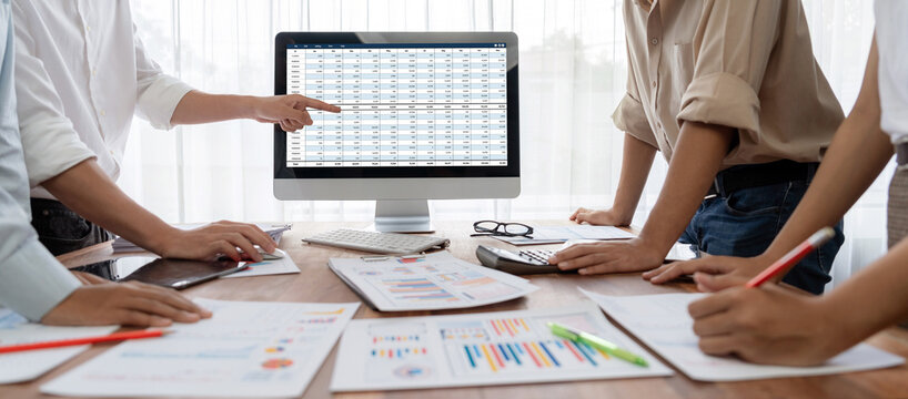 Accounting software on computer screen showing financial statement spreadsheets and account balance of corporate business offer accountant a fine calculation accounting brisk