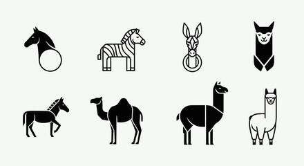 Set of stylized animal icons: horse, zebra, donkey, camel, llama, alpaca © fransiskaaa