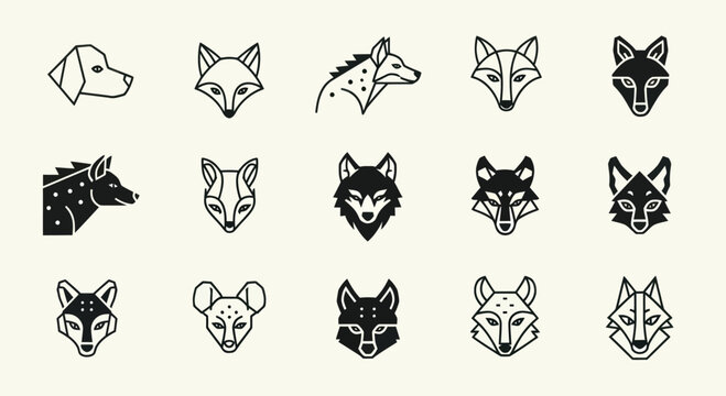 Set of stylized animal heads, minimalist vector icons, fox, wolf, dog, hyena
