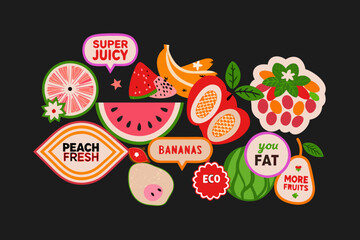 colorful fruit sticker set with playful typography and illustrations © BasobiBala