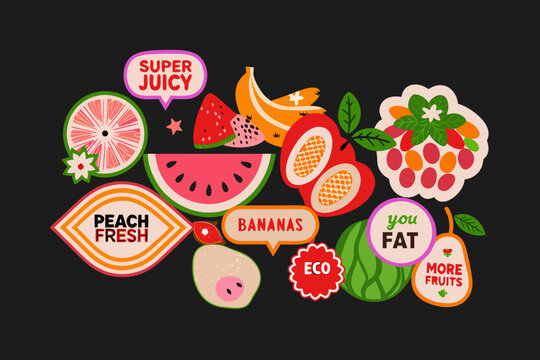 colorful fruit sticker set with playful typography and illustrations