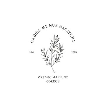Rosemary sprig emblem design elegant botanical illustration in black and white