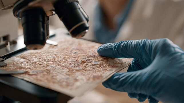 Cellular biology close-up of laboratory slide under microscope showing senescent cell clusters, researcher's gloved hand adjusting focus, rapamycin mTOR inhibition study, aging cell biology geroscie